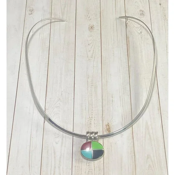 Vintage 925 Choker Necklace Multi Gemstone Pendant Modernist 15 inches - Picture 6 of 7